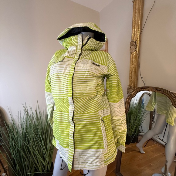 Zonal Clothing Green and White Striped Hooded Ski Snowboard Jacket Womens M - Picture 1 of 8